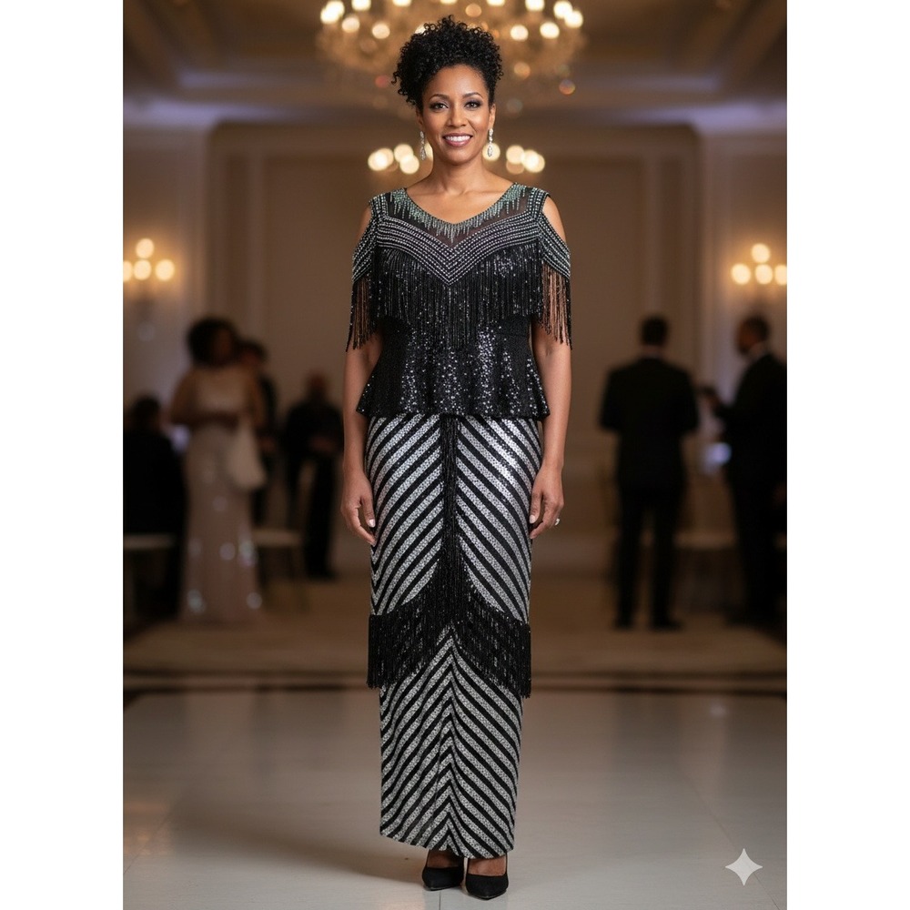 Orlando Black Sequin style80'Beaded Fringe Gown Size‎ 50 Formal Evening